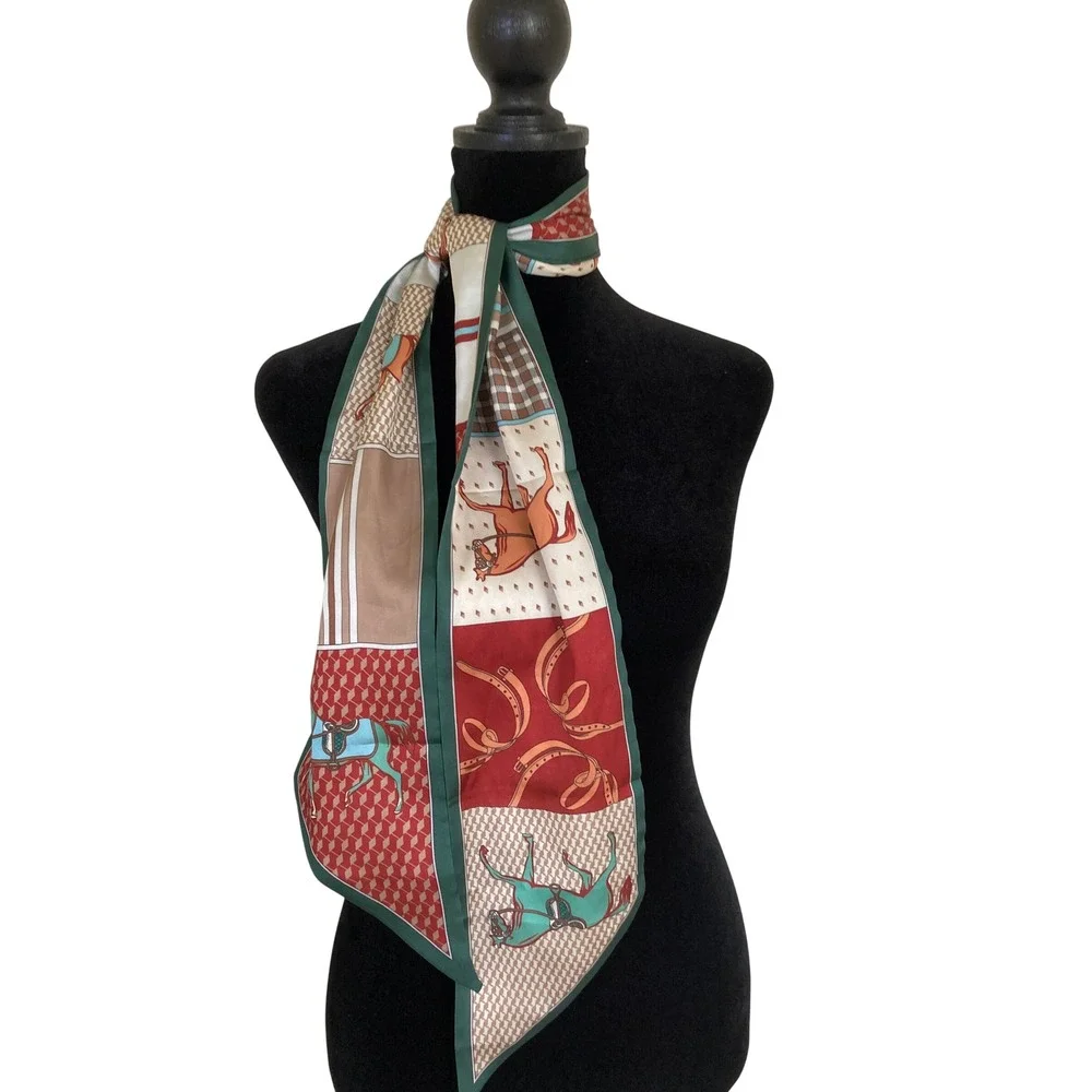 Equestrian Horse Print Skinny Scarf Red Green Patchwork Twilly Handbag Ribbon